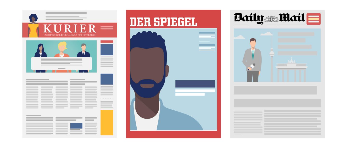 Illustration of digital eJournal covers, including Kurier, Der Spiegel, and Daily Mail.